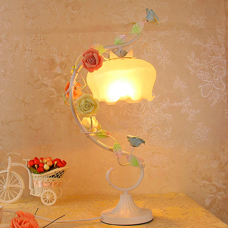 1 Bulb Night Table Lamp Countryside Flower White Glass Nightstand Lighting in Pink/Blue/Green for Bedroom Clearhalo 'Lamps' 'Table Lamps' Lighting' 391267