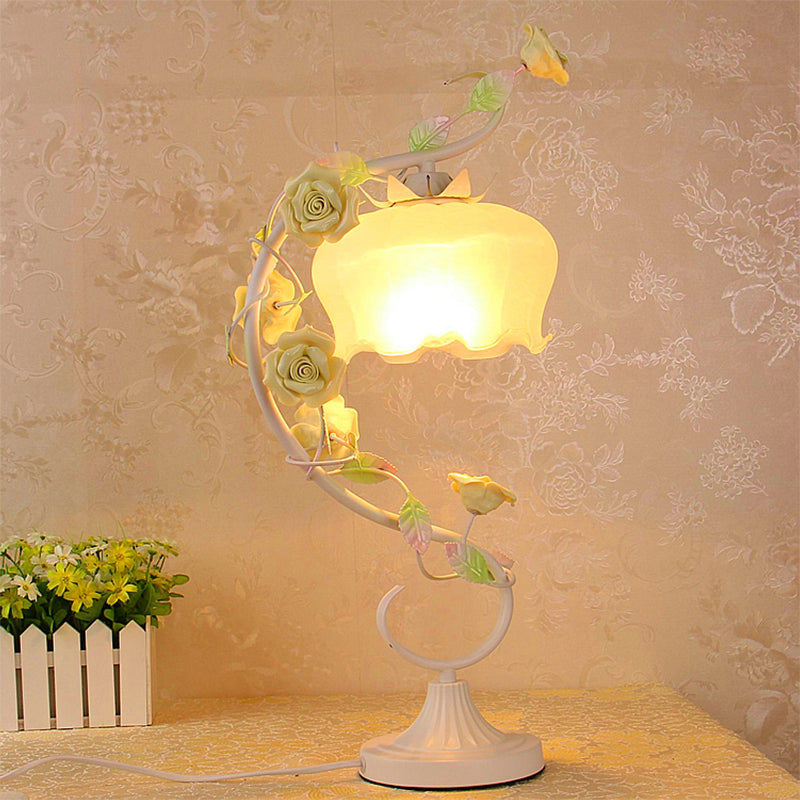 1 Bulb Night Table Lamp Countryside Flower White Glass Nightstand Lighting in Pink/Blue/Green for Bedroom Green Clearhalo 'Lamps' 'Table Lamps' Lighting' 391268