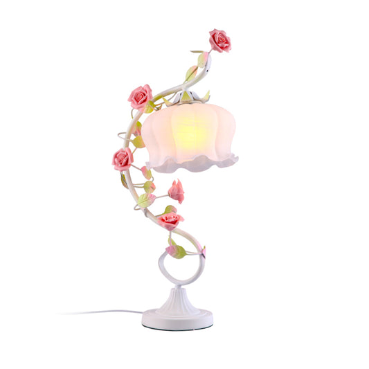 1 Bulb Night Table Lamp Countryside Flower White Glass Nightstand Lighting in Pink/Blue/Green for Bedroom Pink Clearhalo 'Lamps' 'Table Lamps' Lighting' 391269