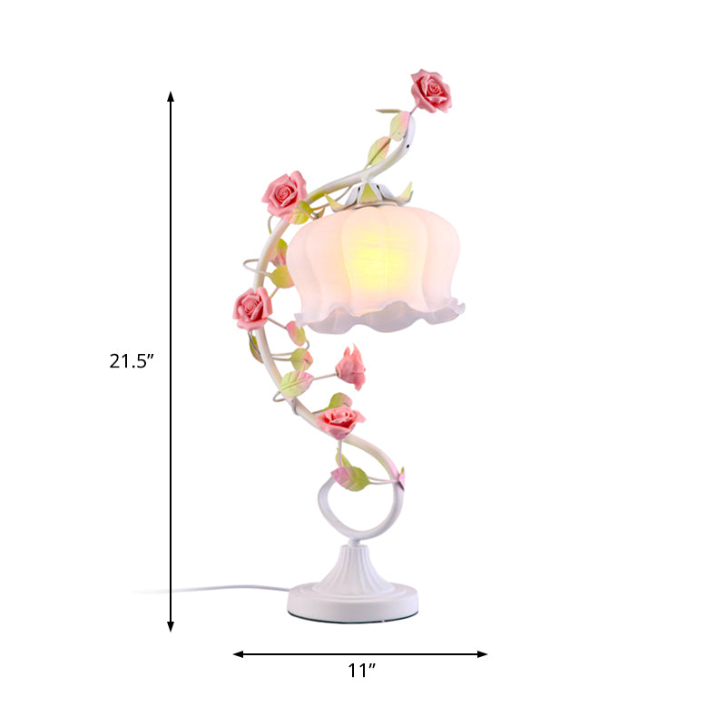 1 Bulb Night Table Lamp Countryside Flower White Glass Nightstand Lighting in Pink/Blue/Green for Bedroom Clearhalo 'Lamps' 'Table Lamps' Lighting' 391270