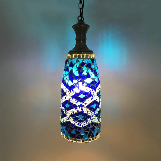 Handcrafted Art Glass Red/Yellow/Blue Ceiling Light Elongated 1 Head Traditional Pendant Light Fixture Blue Clearhalo 'Ceiling Lights' 'Glass shade' 'Glass' 'Pendant Lights' 'Pendants' Lighting' 391283