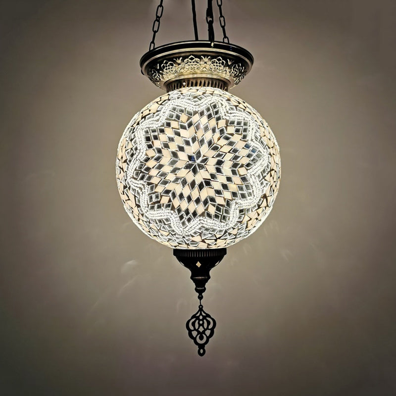 1 Light Stained Art Glass Pendant Light Kit Vintage White/Red/Blue Globe Dining Room Hanging Ceiling Light Clearhalo 'Ceiling Lights' 'Glass shade' 'Glass' 'Pendant Lights' 'Pendants' Lighting' 391301