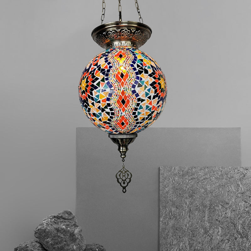 Globe Restaurant Pendant Light Kit Traditional Hand Rolled Art Glass 1 Head White/Red/Yellow Suspension Light Clearhalo 'Ceiling Lights' 'Glass shade' 'Glass' 'Pendant Lights' 'Pendants' Lighting' 391303