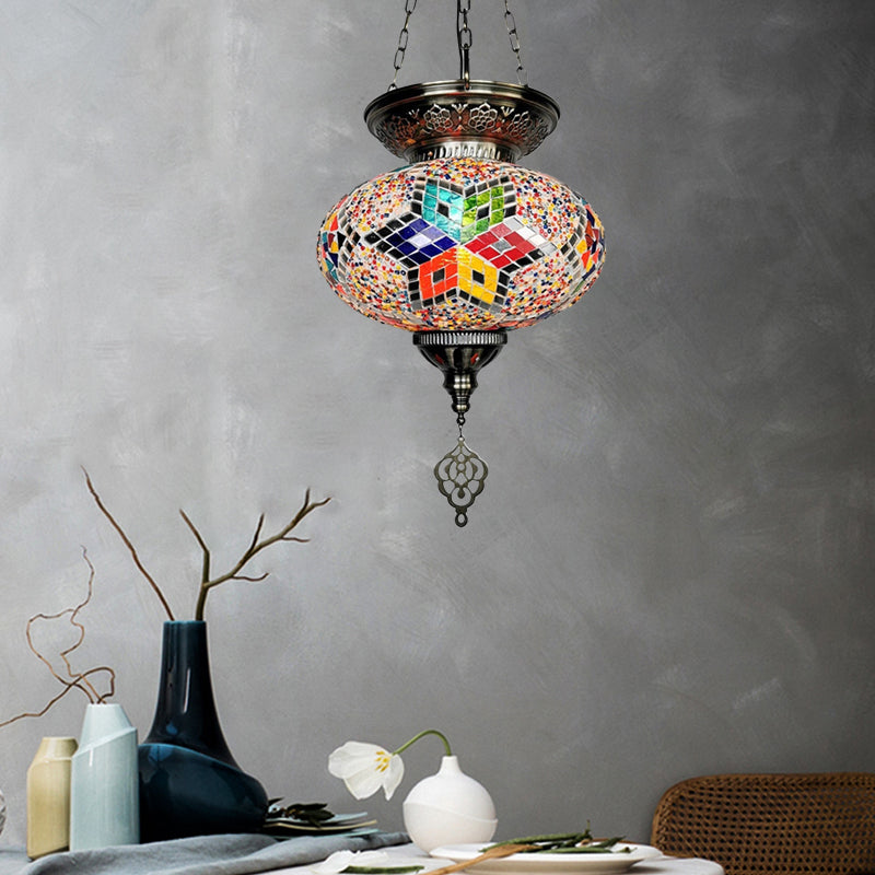 Red/Blue 1 Head Ceiling Pendant Light Traditional Stained Glass Oval Hanging Light Fixture Red Clearhalo 'Ceiling Lights' 'Glass shade' 'Glass' 'Pendant Lights' 'Pendants' Lighting' 391313