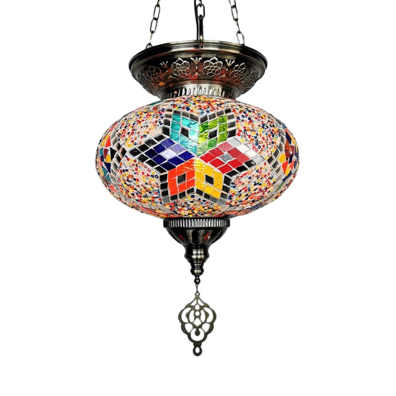 Red/Blue 1 Head Ceiling Pendant Light Traditional Stained Glass Oval Hanging Light Fixture Clearhalo 'Ceiling Lights' 'Glass shade' 'Glass' 'Pendant Lights' 'Pendants' Lighting' 391315
