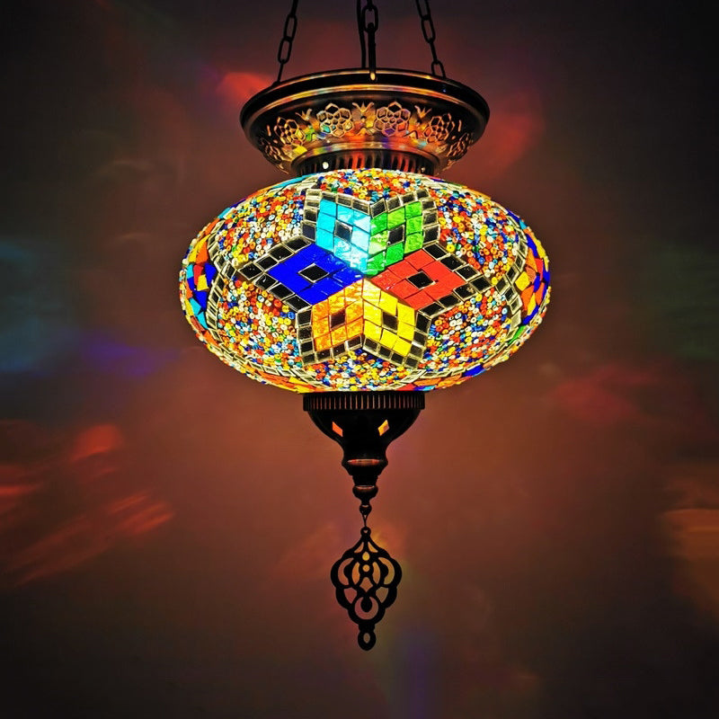 Red/Blue 1 Head Ceiling Pendant Light Traditional Stained Glass Oval Hanging Light Fixture Clearhalo 'Ceiling Lights' 'Glass shade' 'Glass' 'Pendant Lights' 'Pendants' Lighting' 391316