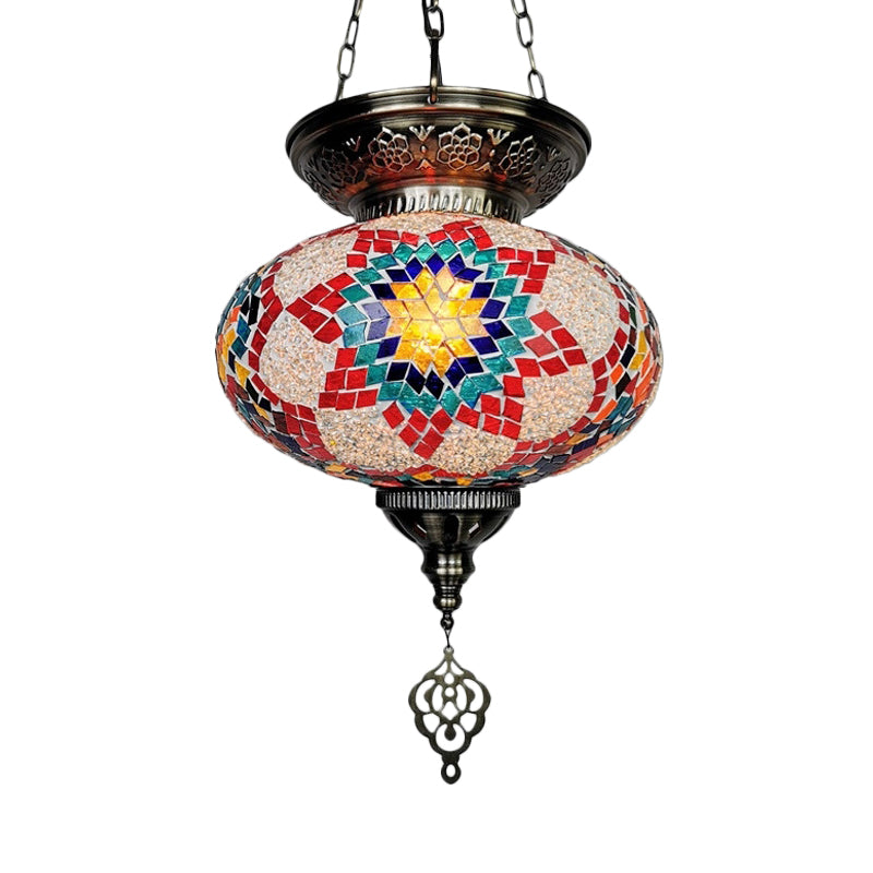 Red/Blue 1 Head Ceiling Pendant Light Traditional Stained Glass Oval Hanging Light Fixture Blue Clearhalo 'Ceiling Lights' 'Glass shade' 'Glass' 'Pendant Lights' 'Pendants' Lighting' 391318