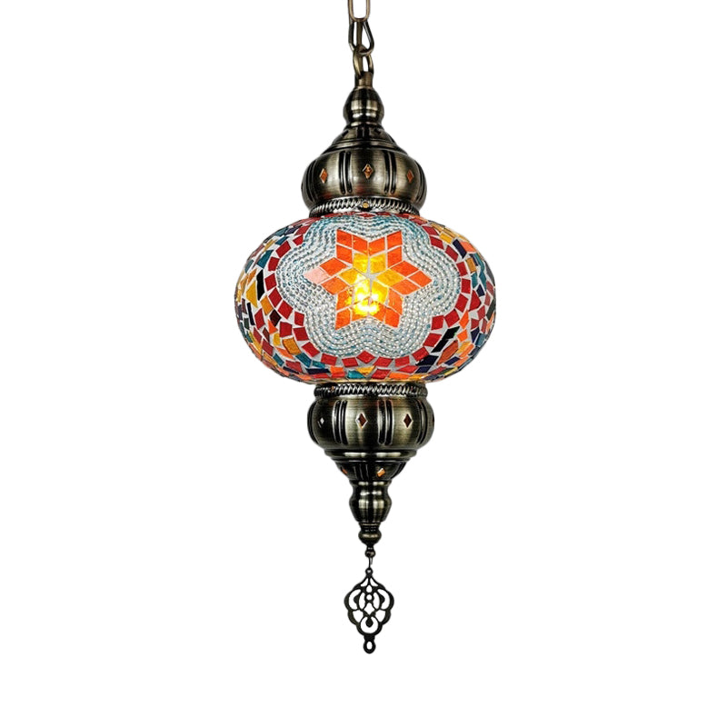 Stained Glass Oval Hanging Light Kit Traditional 1 Head Bedroom Pendant Lighting in White/Red/Orange Clearhalo 'Ceiling Lights' 'Glass shade' 'Glass' 'Pendant Lights' 'Pendants' Lighting' 391358