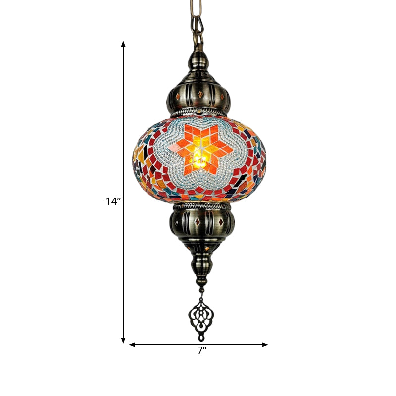 Stained Glass Oval Hanging Light Kit Traditional 1 Head Bedroom Pendant Lighting in White/Red/Orange Clearhalo 'Ceiling Lights' 'Glass shade' 'Glass' 'Pendant Lights' 'Pendants' Lighting' 391360