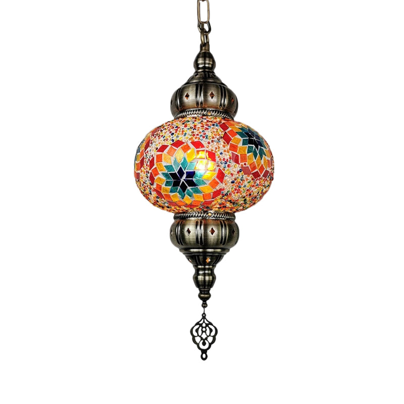 Stained Glass Oval Hanging Light Kit Traditional 1 Head Bedroom Pendant Lighting in White/Red/Orange Orange Clearhalo 'Ceiling Lights' 'Glass shade' 'Glass' 'Pendant Lights' 'Pendants' Lighting' 391361