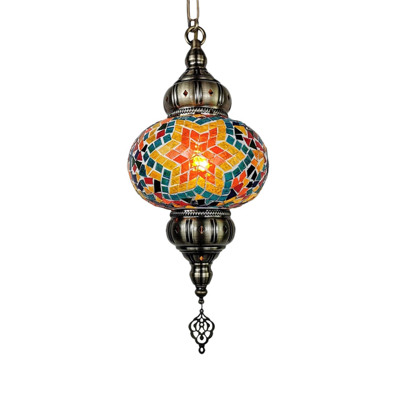 Stained Glass Oval Hanging Light Kit Traditional 1 Head Bedroom Pendant Lighting in White/Red/Orange Red-Yellow Clearhalo 'Ceiling Lights' 'Glass shade' 'Glass' 'Pendant Lights' 'Pendants' Lighting' 391367