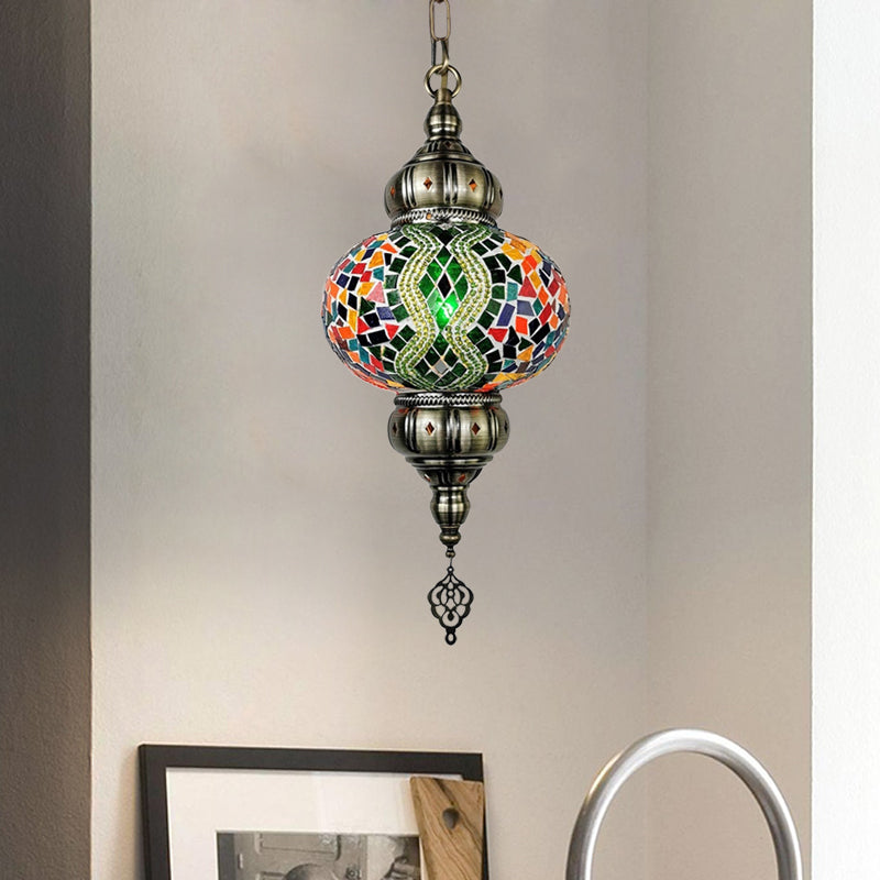 Stained Glass Red/Orange/Green Pendant Lamp Oval 1 Head Vintage Suspension Lighting Clearhalo 'Ceiling Lights' 'Glass shade' 'Glass' 'Pendant Lights' 'Pendants' Lighting' 391374