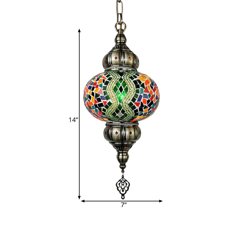 Stained Glass Red/Orange/Green Pendant Lamp Oval 1 Head Vintage Suspension Lighting Clearhalo 'Ceiling Lights' 'Glass shade' 'Glass' 'Pendant Lights' 'Pendants' Lighting' 391377