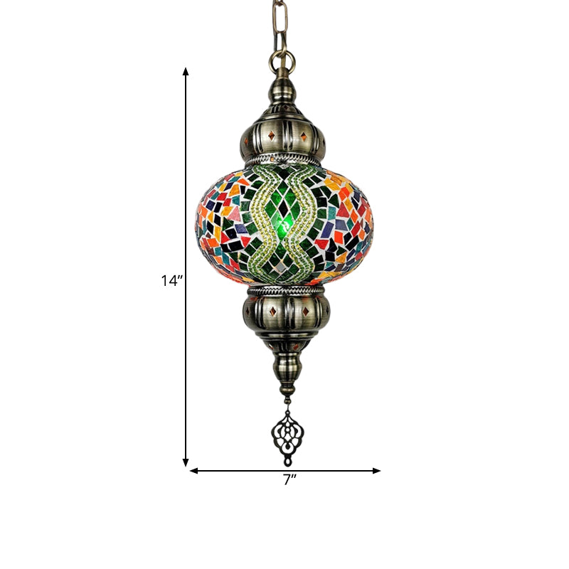 Stained Glass Red/Orange/Green Pendant Lamp Oval 1 Head Vintage Suspension Lighting Clearhalo 'Ceiling Lights' 'Glass shade' 'Glass' 'Pendant Lights' 'Pendants' Lighting' 391377