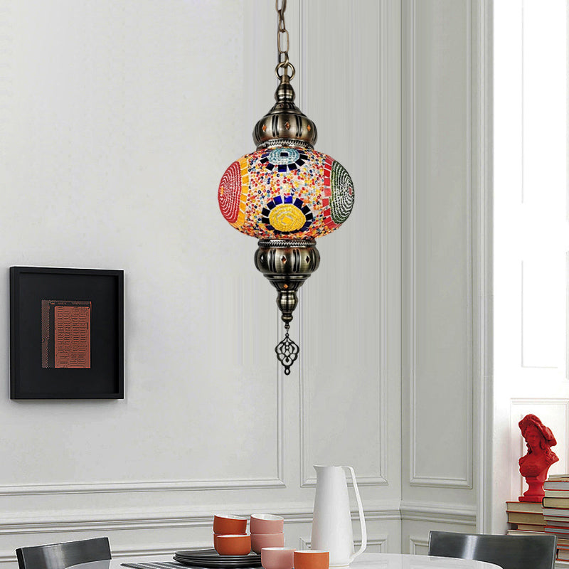 Stained Glass Red/Orange/Green Pendant Lamp Oval 1 Head Vintage Suspension Lighting Clearhalo 'Ceiling Lights' 'Glass shade' 'Glass' 'Pendant Lights' 'Pendants' Lighting' 391379