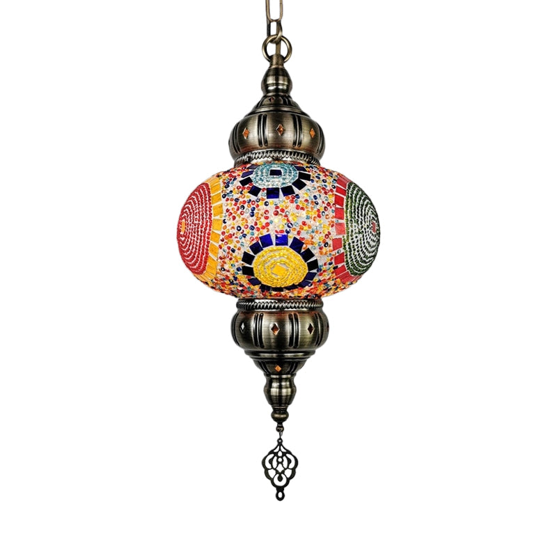 Stained Glass Red/Orange/Green Pendant Lamp Oval 1 Head Vintage Suspension Lighting Clearhalo 'Ceiling Lights' 'Glass shade' 'Glass' 'Pendant Lights' 'Pendants' Lighting' 391380