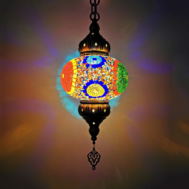 Stained Glass Red/Orange/Green Pendant Lamp Oval 1 Head Vintage Suspension Lighting Clearhalo 'Ceiling Lights' 'Glass shade' 'Glass' 'Pendant Lights' 'Pendants' Lighting' 391381