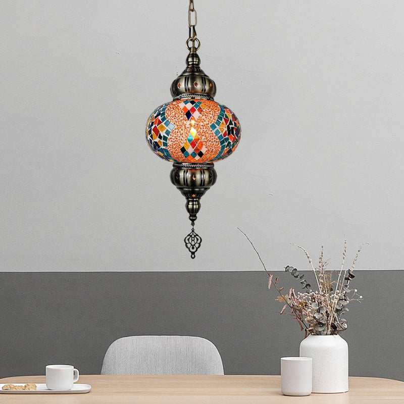 Stained Glass Red/Orange/Green Pendant Lamp Oval 1 Head Vintage Suspension Lighting Clearhalo 'Ceiling Lights' 'Glass shade' 'Glass' 'Pendant Lights' 'Pendants' Lighting' 391383