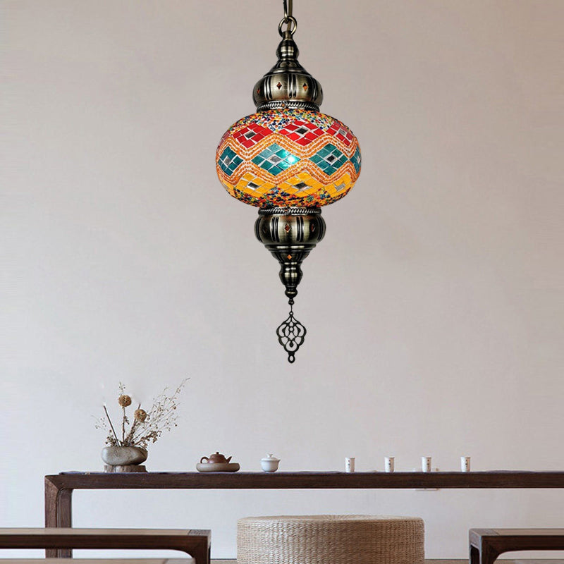 1 Head Cut Glass Ceiling Pendant Light Traditional Beige/Yellow/Blue Oval Dining Room Hanging Light Fixture Clearhalo 'Ceiling Lights' 'Chandeliers' 'Glass shade' 'Glass' 'Pendant Lights' 'Pendants' Lighting' 391387