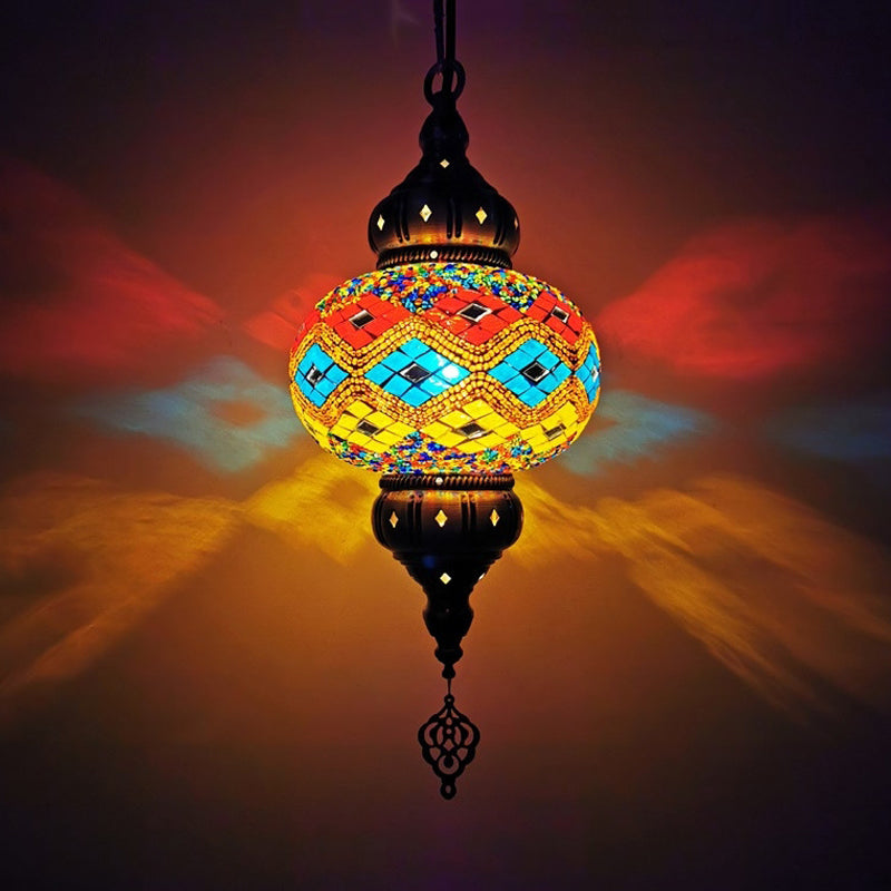 1 Head Cut Glass Ceiling Pendant Light Traditional Beige/Yellow/Blue Oval Dining Room Hanging Light Fixture Clearhalo 'Ceiling Lights' 'Chandeliers' 'Glass shade' 'Glass' 'Pendant Lights' 'Pendants' Lighting' 391389