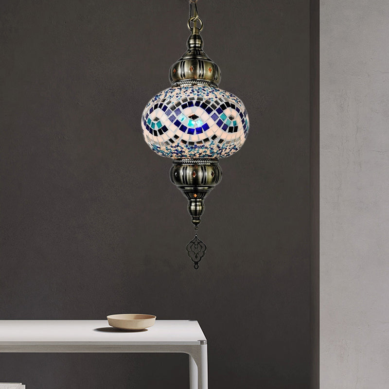 1 Head Cut Glass Ceiling Pendant Light Traditional Beige/Yellow/Blue Oval Dining Room Hanging Light Fixture White-Blue Clearhalo 'Ceiling Lights' 'Chandeliers' 'Glass shade' 'Glass' 'Pendant Lights' 'Pendants' Lighting' 391391