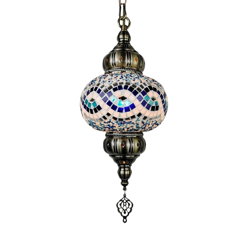 1 Head Cut Glass Ceiling Pendant Light Traditional Beige/Yellow/Blue Oval Dining Room Hanging Light Fixture Clearhalo 'Ceiling Lights' 'Chandeliers' 'Glass shade' 'Glass' 'Pendant Lights' 'Pendants' Lighting' 391393