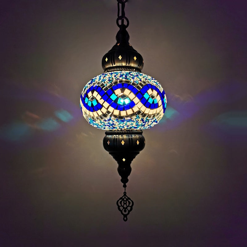 1 Head Cut Glass Ceiling Pendant Light Traditional Beige/Yellow/Blue Oval Dining Room Hanging Light Fixture Clearhalo 'Ceiling Lights' 'Chandeliers' 'Glass shade' 'Glass' 'Pendant Lights' 'Pendants' Lighting' 391394