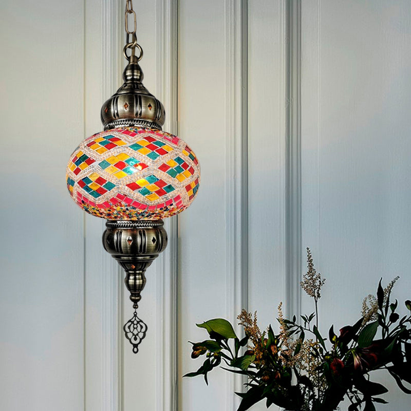 1 Head Cut Glass Ceiling Pendant Light Traditional Beige/Yellow/Blue Oval Dining Room Hanging Light Fixture Beige Clearhalo 'Ceiling Lights' 'Chandeliers' 'Glass shade' 'Glass' 'Pendant Lights' 'Pendants' Lighting' 391395