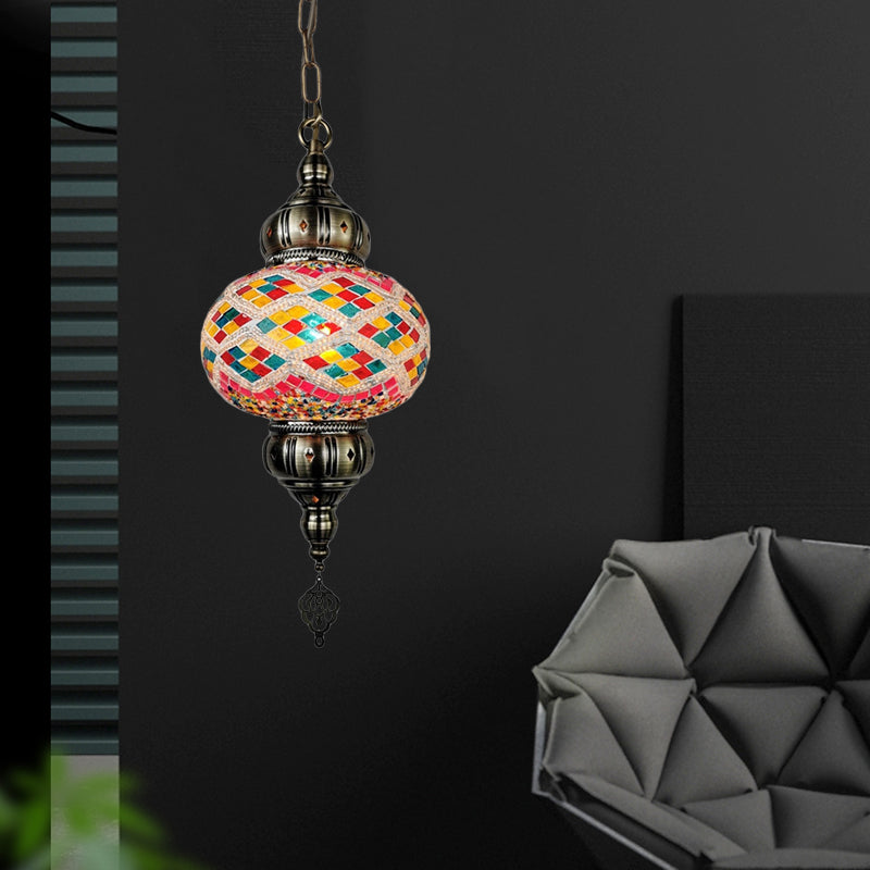 1 Head Cut Glass Ceiling Pendant Light Traditional Beige/Yellow/Blue Oval Dining Room Hanging Light Fixture Clearhalo 'Ceiling Lights' 'Chandeliers' 'Glass shade' 'Glass' 'Pendant Lights' 'Pendants' Lighting' 391396