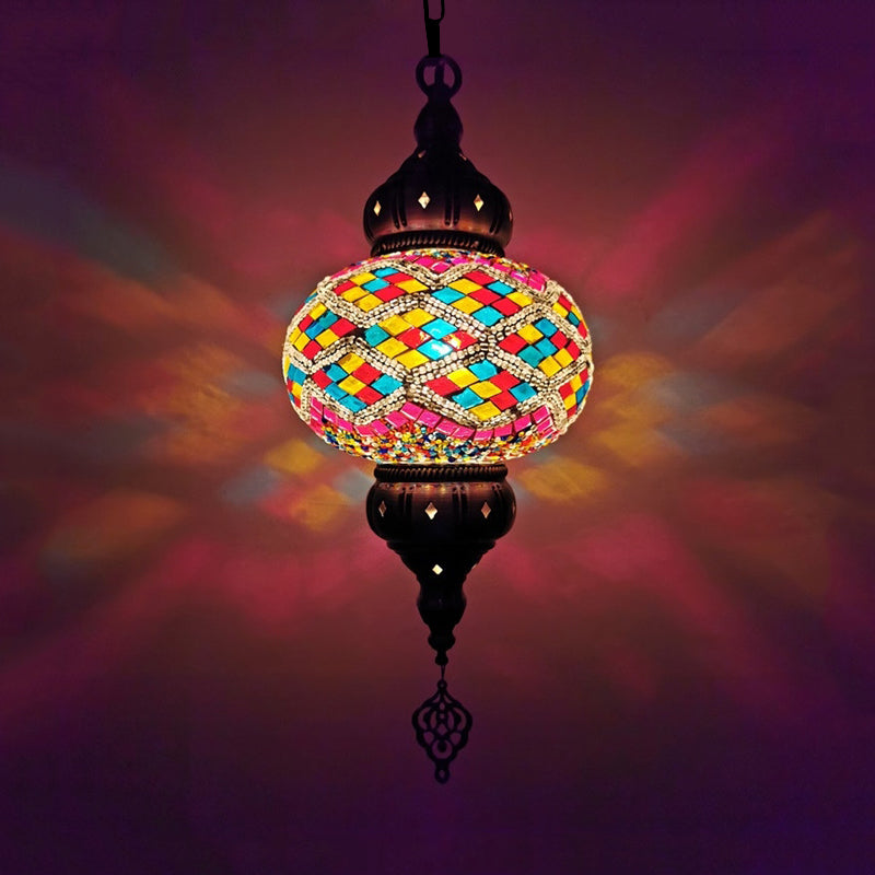 1 Head Cut Glass Ceiling Pendant Light Traditional Beige/Yellow/Blue Oval Dining Room Hanging Light Fixture Clearhalo 'Ceiling Lights' 'Chandeliers' 'Glass shade' 'Glass' 'Pendant Lights' 'Pendants' Lighting' 391398