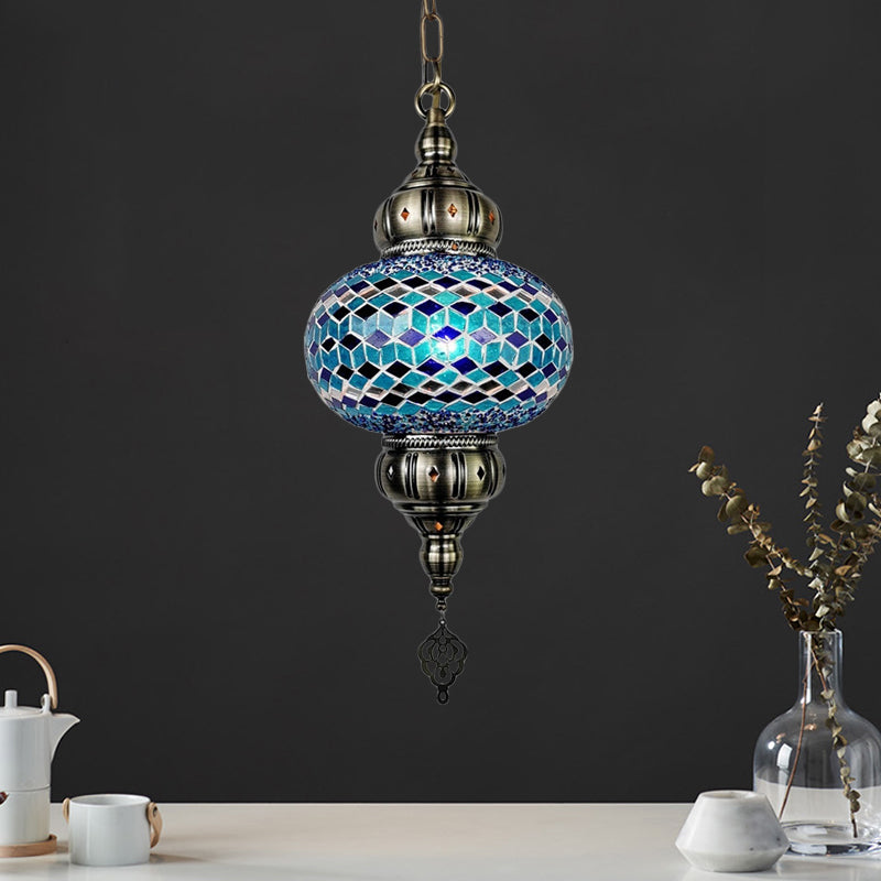 1 Head Cut Glass Ceiling Pendant Light Traditional Beige/Yellow/Blue Oval Dining Room Hanging Light Fixture Blue Clearhalo 'Ceiling Lights' 'Chandeliers' 'Glass shade' 'Glass' 'Pendant Lights' 'Pendants' Lighting' 391399