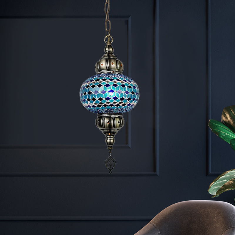 1 Head Cut Glass Ceiling Pendant Light Traditional Beige/Yellow/Blue Oval Dining Room Hanging Light Fixture Clearhalo 'Ceiling Lights' 'Chandeliers' 'Glass shade' 'Glass' 'Pendant Lights' 'Pendants' Lighting' 391400