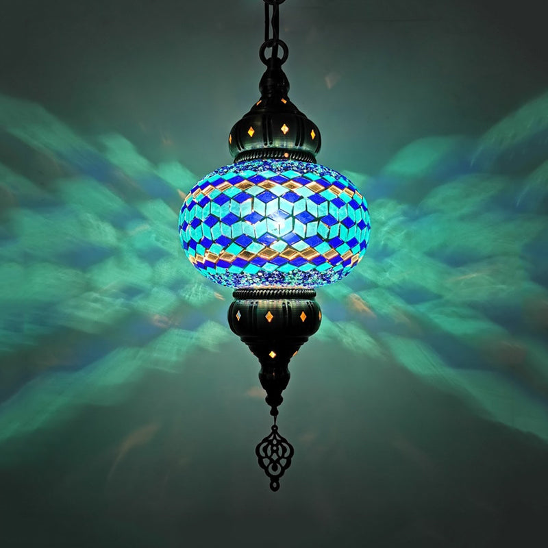 1 Head Cut Glass Ceiling Pendant Light Traditional Beige/Yellow/Blue Oval Dining Room Hanging Light Fixture Clearhalo 'Ceiling Lights' 'Chandeliers' 'Glass shade' 'Glass' 'Pendant Lights' 'Pendants' Lighting' 391402