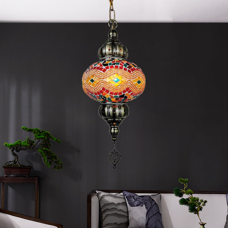 1 Head Cut Glass Ceiling Pendant Light Traditional Beige/Yellow/Blue Oval Dining Room Hanging Light Fixture Yellow Clearhalo 'Ceiling Lights' 'Chandeliers' 'Glass shade' 'Glass' 'Pendant Lights' 'Pendants' Lighting' 391403