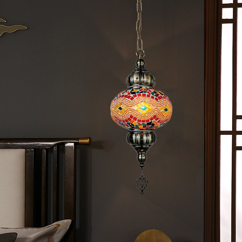 1 Head Cut Glass Ceiling Pendant Light Traditional Beige/Yellow/Blue Oval Dining Room Hanging Light Fixture Clearhalo 'Ceiling Lights' 'Chandeliers' 'Glass shade' 'Glass' 'Pendant Lights' 'Pendants' Lighting' 391404