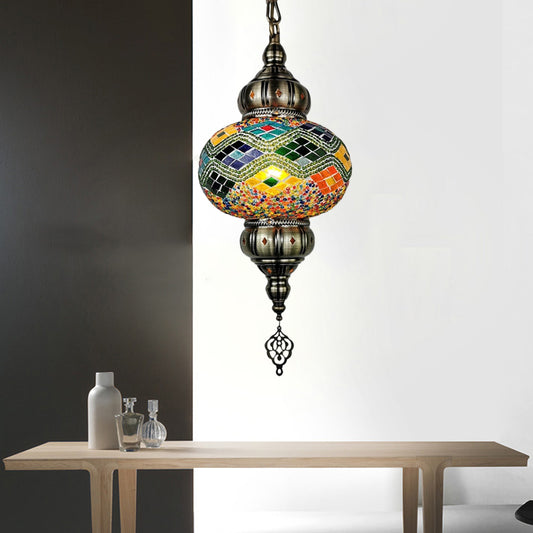 1 Head Cut Glass Ceiling Pendant Light Traditional Beige/Yellow/Blue Oval Dining Room Hanging Light Fixture Green Clearhalo 'Ceiling Lights' 'Chandeliers' 'Glass shade' 'Glass' 'Pendant Lights' 'Pendants' Lighting' 391407