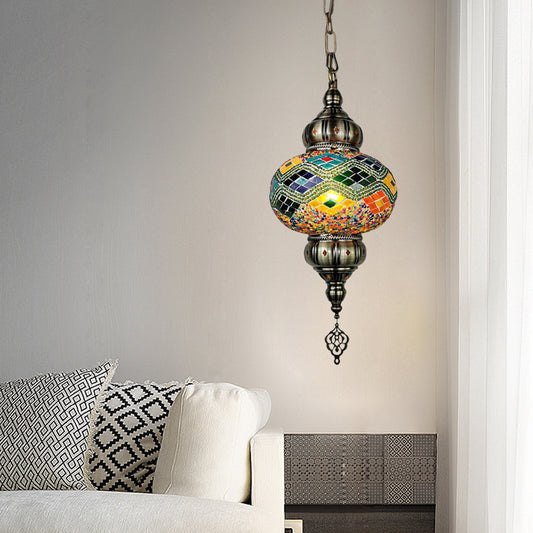 1 Head Cut Glass Ceiling Pendant Light Traditional Beige/Yellow/Blue Oval Dining Room Hanging Light Fixture Clearhalo 'Ceiling Lights' 'Chandeliers' 'Glass shade' 'Glass' 'Pendant Lights' 'Pendants' Lighting' 391408