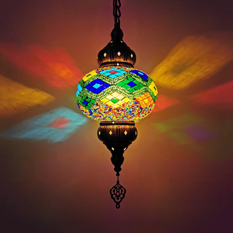 1 Head Cut Glass Ceiling Pendant Light Traditional Beige/Yellow/Blue Oval Dining Room Hanging Light Fixture Clearhalo 'Ceiling Lights' 'Chandeliers' 'Glass shade' 'Glass' 'Pendant Lights' 'Pendants' Lighting' 391410