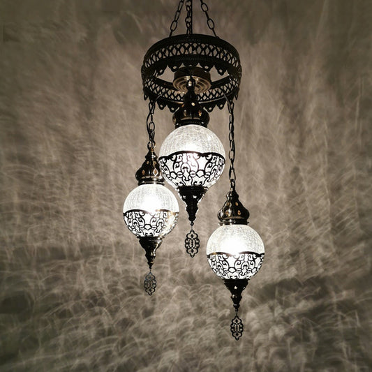 3 Heads Chandelier Lighting Traditional Globe Crackle Glass Hanging Ceiling Light in White/Bronze Bronze Clearhalo 'Ceiling Lights' 'Chandeliers' 'Glass shade' 'Glass' Lighting' 391419