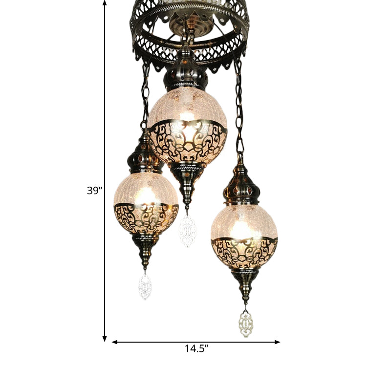 3 Heads Chandelier Lighting Traditional Globe Crackle Glass Hanging Ceiling Light in White/Bronze Clearhalo 'Ceiling Lights' 'Chandeliers' 'Glass shade' 'Glass' Lighting' 391421