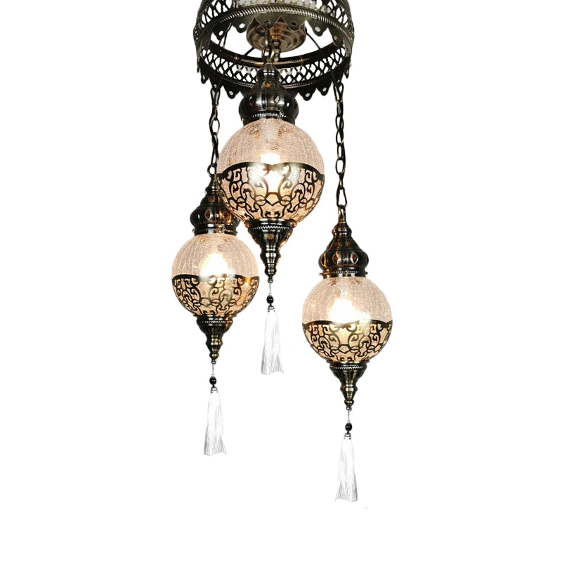 3 Heads Chandelier Lighting Traditional Globe Crackle Glass Hanging Ceiling Light in White/Bronze White Clearhalo 'Ceiling Lights' 'Chandeliers' 'Glass shade' 'Glass' Lighting' 391422