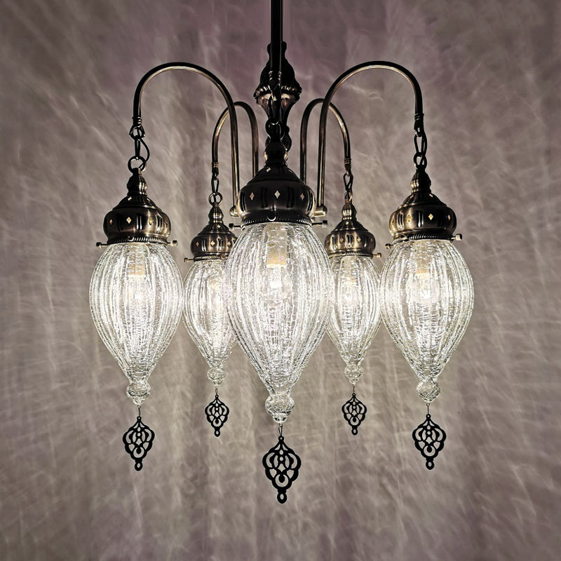 Bronze 5 Heads Chandelier Lamp Traditional White Ribbed Glass Teardrop Ceiling Light Clearhalo 'Ceiling Lights' 'Chandeliers' 'Glass shade' 'Glass' Lighting' 391425