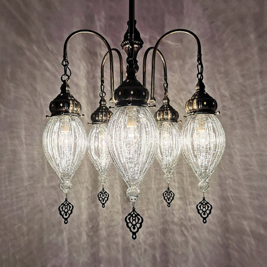 Bronze 5 Heads Chandelier Lamp Traditional White Ribbed Glass Teardrop Ceiling Light Clearhalo 'Ceiling Lights' 'Chandeliers' 'Glass shade' 'Glass' Lighting' 391425