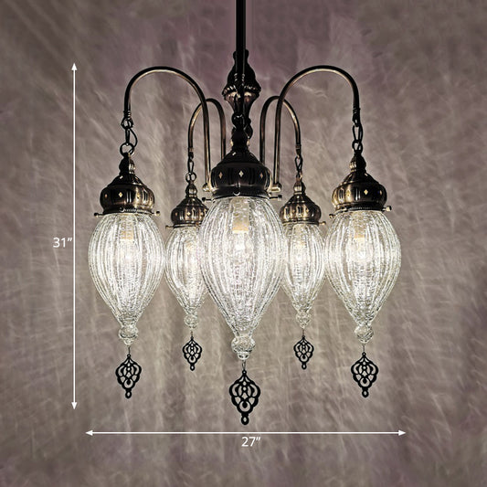 Bronze 5 Heads Chandelier Lamp Traditional White Ribbed Glass Teardrop Ceiling Light Clearhalo 'Ceiling Lights' 'Chandeliers' 'Glass shade' 'Glass' Lighting' 391426