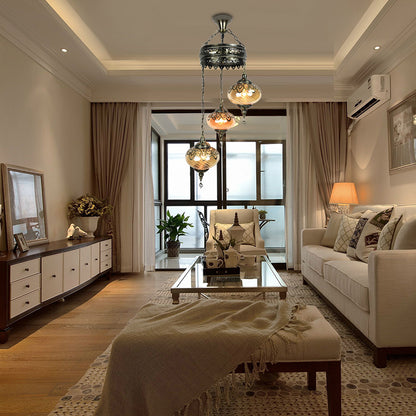 3/5 Heads Amber Swirl Glass Pendant Light Traditional Bronze Oval Living Room Hanging Chandelier 3 Bronze Clearhalo 'Ceiling Lights' 'Chandeliers' 'Glass shade' 'Glass' Lighting' 391427