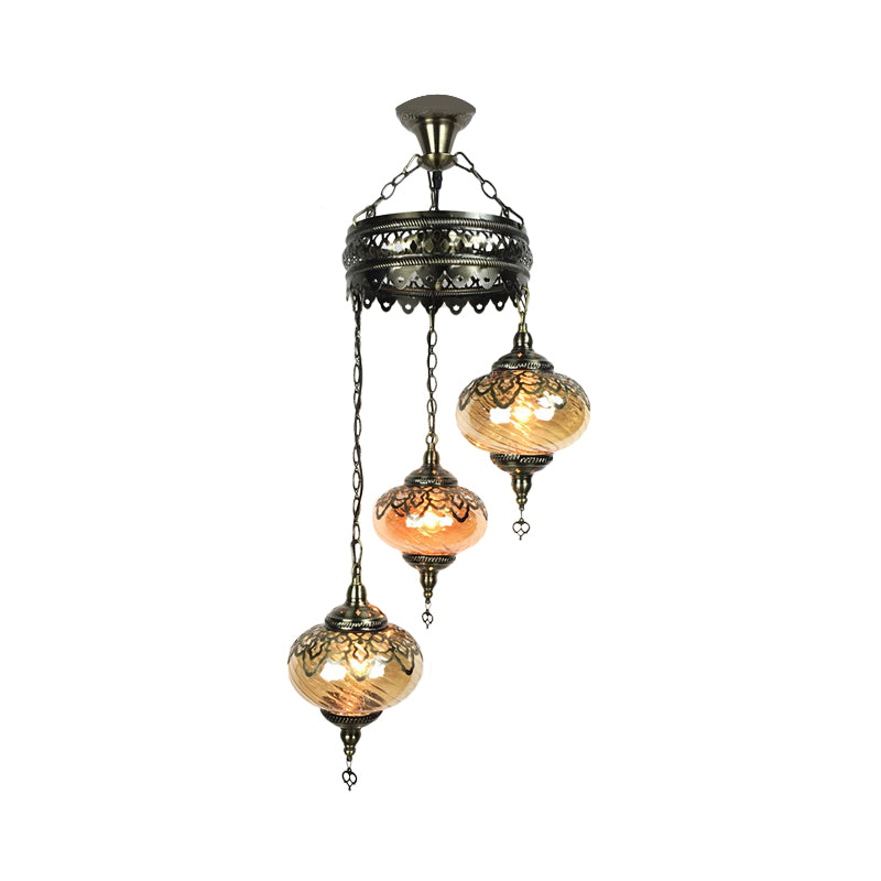 3/5 Heads Amber Swirl Glass Pendant Light Traditional Bronze Oval Living Room Hanging Chandelier Clearhalo 'Ceiling Lights' 'Chandeliers' 'Glass shade' 'Glass' Lighting' 391429