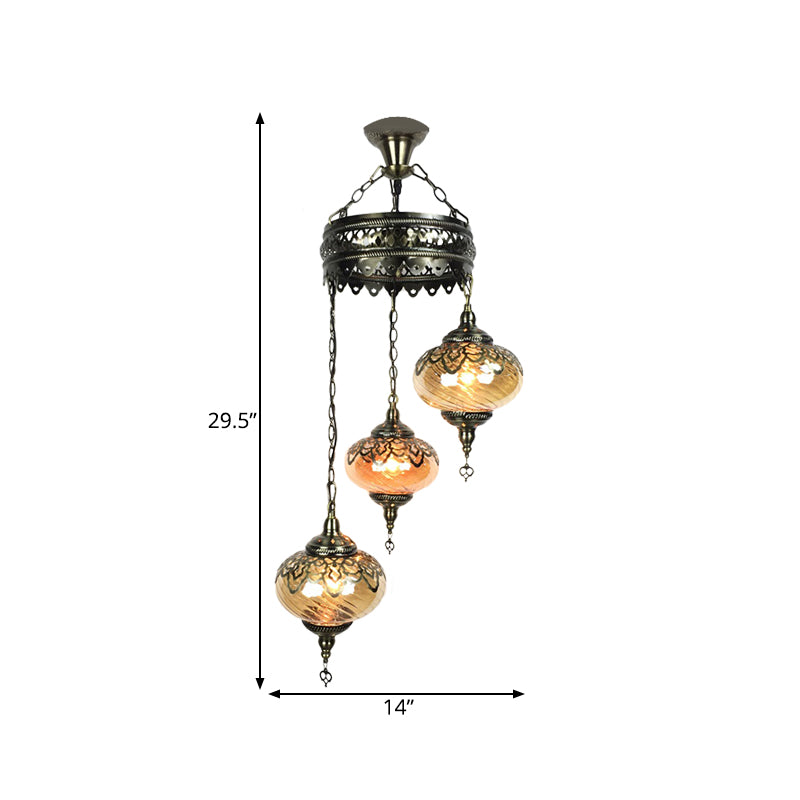 3/5 Heads Amber Swirl Glass Pendant Light Traditional Bronze Oval Living Room Hanging Chandelier Clearhalo 'Ceiling Lights' 'Chandeliers' 'Glass shade' 'Glass' Lighting' 391431