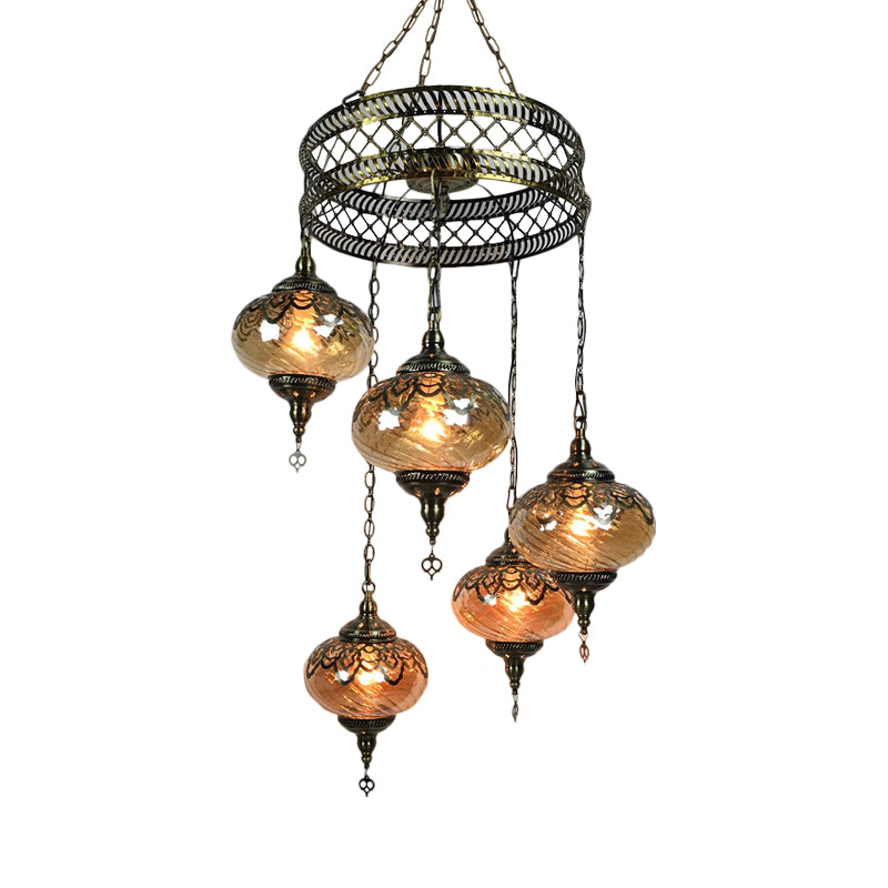 3/5 Heads Amber Swirl Glass Pendant Light Traditional Bronze Oval Living Room Hanging Chandelier Clearhalo 'Ceiling Lights' 'Chandeliers' 'Glass shade' 'Glass' Lighting' 391432