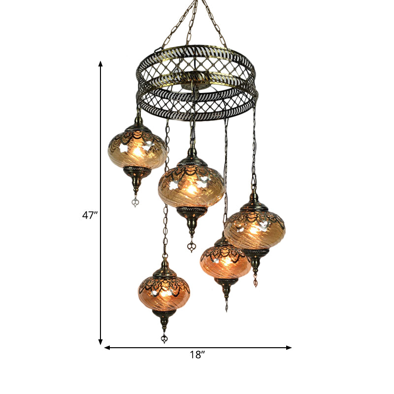 3/5 Heads Amber Swirl Glass Pendant Light Traditional Bronze Oval Living Room Hanging Chandelier Clearhalo 'Ceiling Lights' 'Chandeliers' 'Glass shade' 'Glass' Lighting' 391434