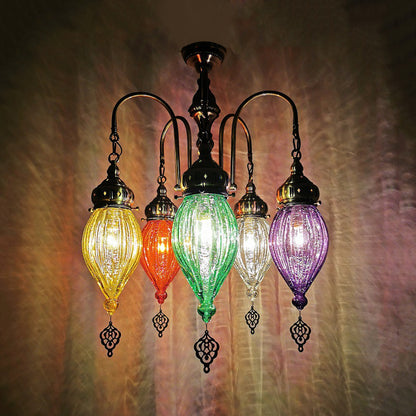 5 Heads Gourd Chandelier Light Traditional Red/Yellow/Green Ribbed Glass Hanging Light Kit Red Clearhalo 'Ceiling Lights' 'Chandeliers' 'Glass shade' 'Glass' Lighting' 391435